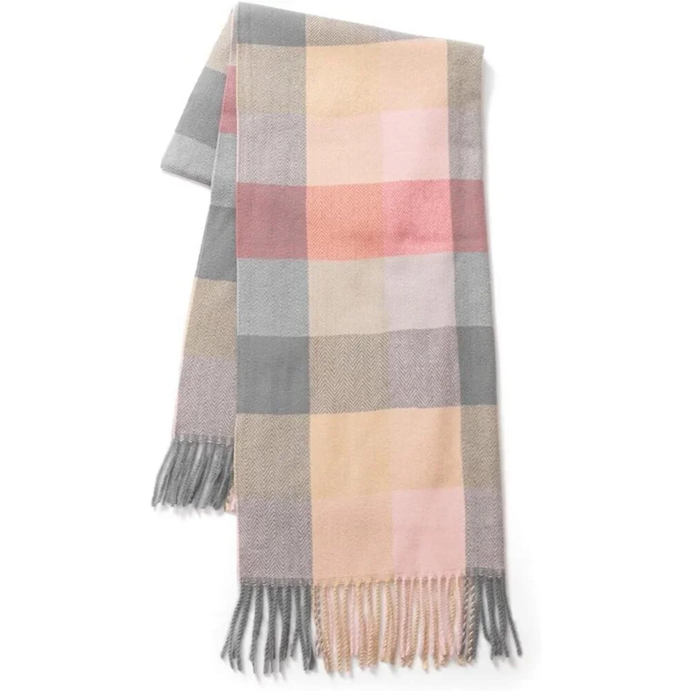 Women's Lilac Check Wool Scarf Cashmere Feel Winter Checked Scarves Soft Shawls